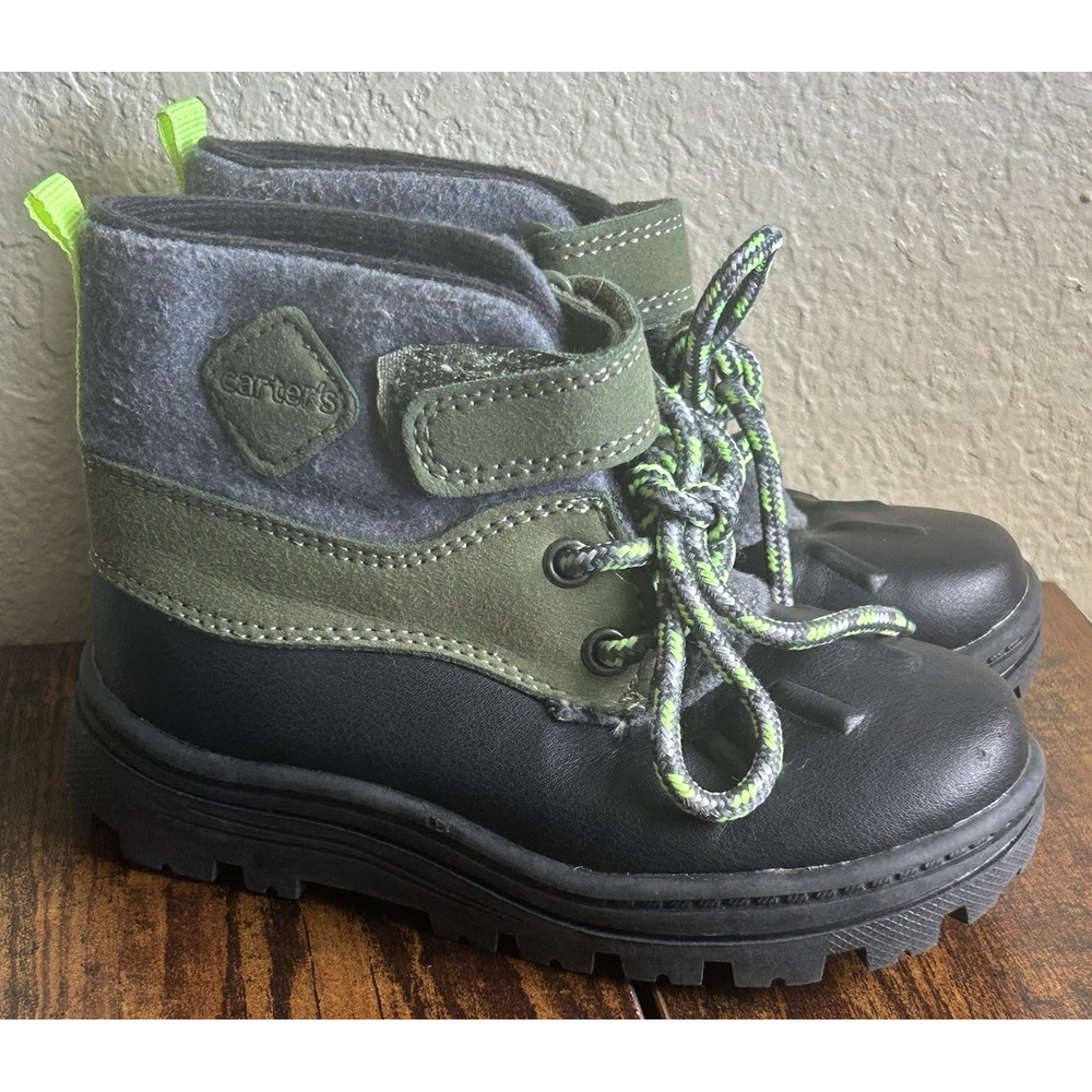 Carter's Duck Boots Toddler Boy Sz 9 Black Green Grey Tie Hook & Loop Waterproof